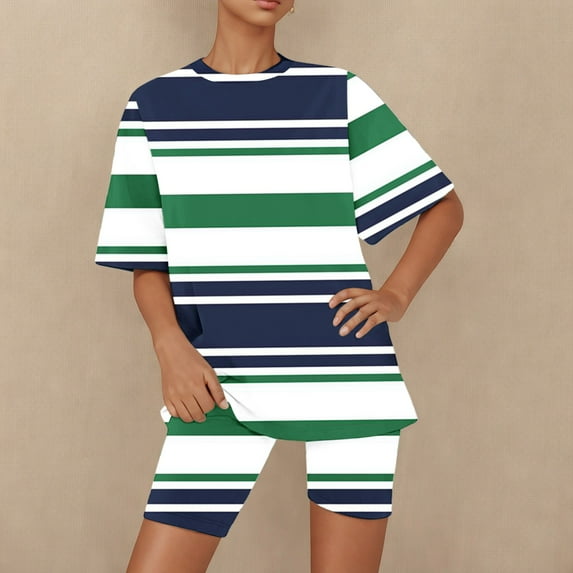 Ndbuld Women's Tops Womens Two Piece Lounge Sets Casual Summer Outfits 2 Piece Short Matching Clothing Set Family Gifts Blue 3XL