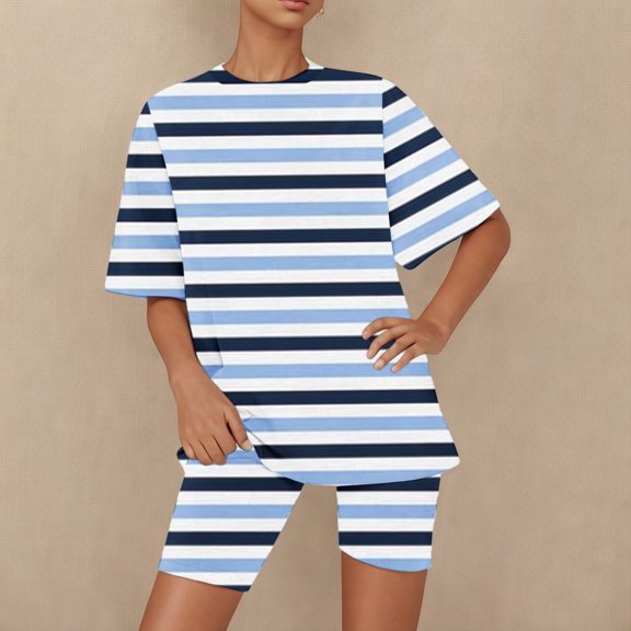 Ndbuld Women's Tops Womens Two Piece Lounge Sets Casual Summer Outfits 2 Piece Short Matching Clothing Set Family Gifts Blue S