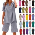 thumbnail image 1 of Ndbuld Women's Two Piece Lounge Set Summer Casual Oversized Shirts Biker Shorts Matching Airport Travel Outfit Loose Cotton Linen Short Sleeve Tops and Shorts Outwear Sets Gift for Girls Gray 5XL, 1 of 4