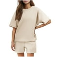 thumbnail image 1 of Ndbuld Women's Two Piece Sets Summer Slim Fitted Short Sleeve Tops Foldover Shorts Matching Lounge Sets Beige L, 1 of 9