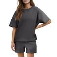 thumbnail image 1 of Ndbuld Women's Two Piece Sets Summer Slim Fitted Short Sleeve Tops Foldover Shorts Matching Lounge Sets Dark Gray L, 1 of 9