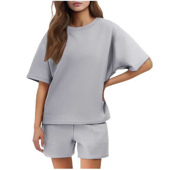 Ndbuld Women's Two Piece Sets Summer Slim Fitted Short Sleeve Tops Foldover Shorts Matching Lounge Sets Gray 2XL