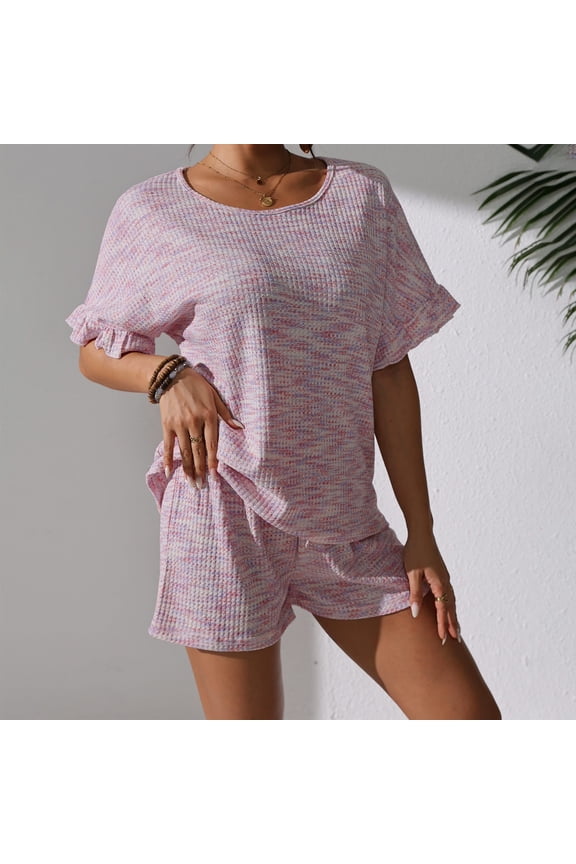 Women's Two Piece Sets Summer Slim Fitted Short Sleeve Tops Foldover Shorts Matching Lounge Sets Pink L