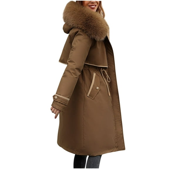 Ndbuld Women's Winter Coat Long Thickened and Padded Lined Parka Hooded Long Winter Warm with Pockets Parka Warm Neck Coat with Faux Fur Detachable Hood on Clearnce,M-3XL,Coffee