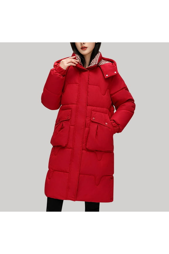 Women's Winter Coat Long Thickened and Padded Lined Parka Hooded Long Winter Warm with Pockets Parka Warm Neck Coat with Faux Fur Detachable Hood Sales Promotion,M-3XL,Red