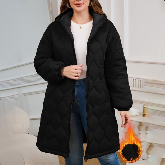 Ndbuld Women's Winter Jacket, Hooded Quilted Long Puffer Coat with Pockets for Casual Daily Wear XL