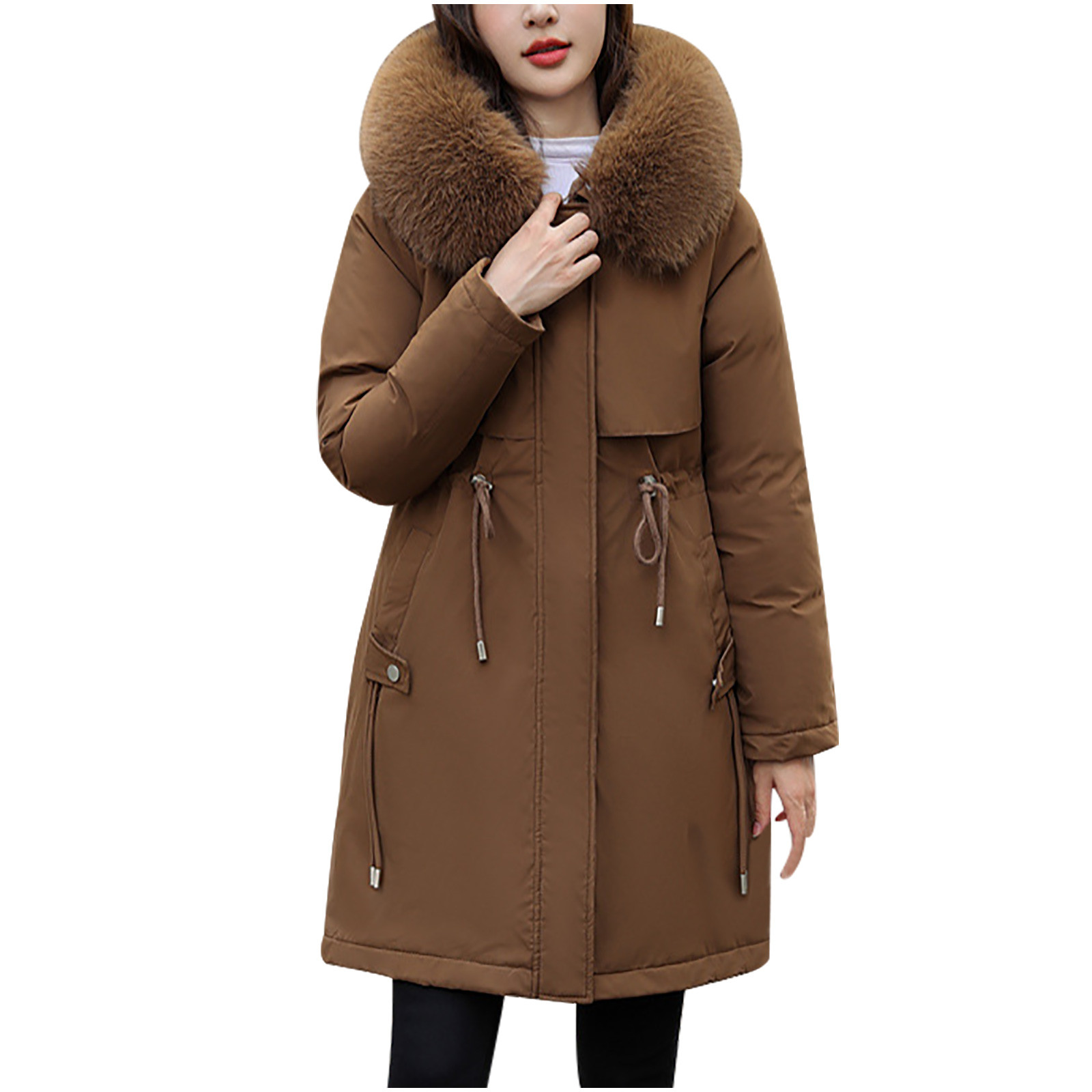 Ndbuld Women's Winter Thickened Bib Jacket Warm Lightweight Parker Coat Jacket Comfortable Casual Fashion Splicing Long Sleeve Long Cardigan Top Lightweight Windproof Snowproof Jacket ,M-3XL,Coffee