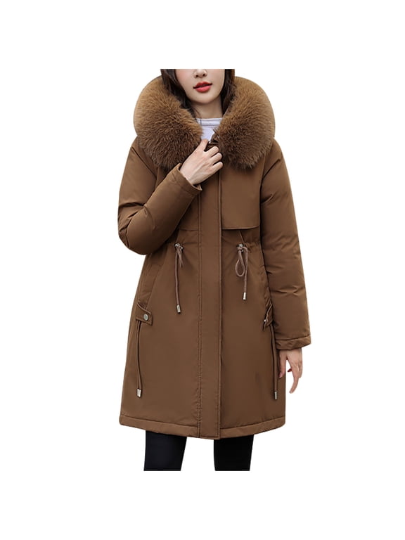 Women's Winter Thickened Bib Jacket Warm Lightweight Parker Coat Jacket Comfortable Casual Fashion Splicing Long Sleeve Long Cardigan Top Lightweight Windproof Snowproof Jacket ,M-3XL,Coffee