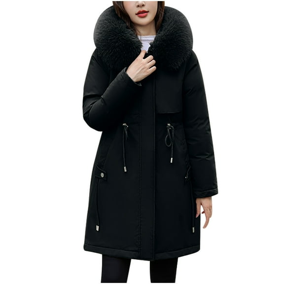 Ndbuld Women's Winter Thickened Bib Jacket Warm Lightweight Parker Coat Jacket Comfortable Casual Fashion Splicing Long Sleeve Long Cardigan Top Lightweight Windproof Snowproof Jacket ,M-3XL,Black