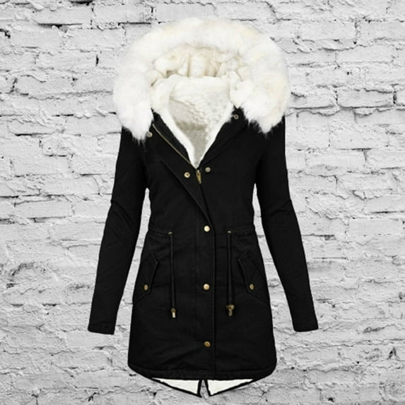 Ndbuld Women's Winter Thickened Bib Jacket (with Faux Fur Detachable Hood) Warm Parka Jacket Comfortable Fashion Splicing Long Sleeve Sweater Casual Long Cardigan Top Sales Promotion,3XL-5XL,Black