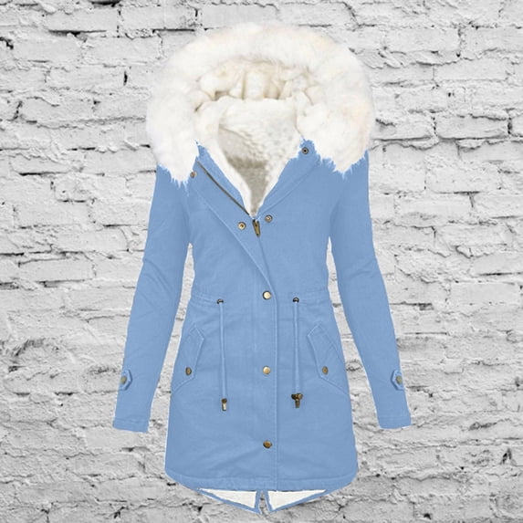 Ndbuld Women's Winter Thickened Bib Jacket (with Faux Fur Detachable Hood) Warm Parka Jacket Comfortable Fashion Splicing Long Sleeve Sweater Casual Long Cardigan Top ,S-5XL,Blue