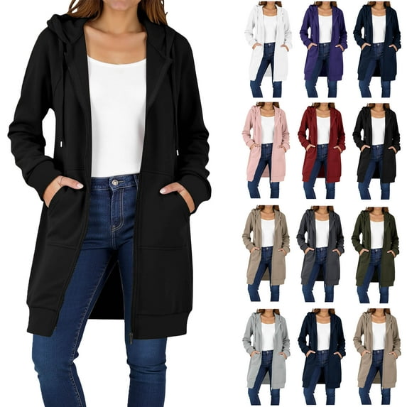 Ndbuld Women's Zip Up Hoodies Oversized Fleece Long Tunic Sweatshirts Casual Long Sleeve 2025 Fall Hoodie Jacket Coat Black L
