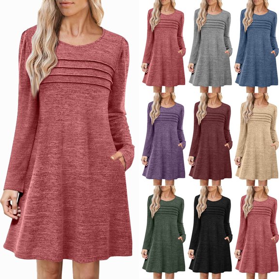 Ndbuld Women’s and Women's Plus Shirt Dress with Long Sleeves Pink XXL