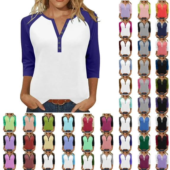 Womens Fall Fashion Long Sleeve Shirts Ndbuld Womens Tops Trendy V Neck Button Down 3/4 Sleeve Tshirts Business Casual Basic Tee Loose Fit Blue L