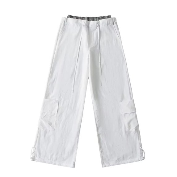 Ndbuld Womens Cargo Pants with Pockets Fall Vintage Plaid Patchwork Casual Fake Two Wide-leg Overalls and Pants L,White