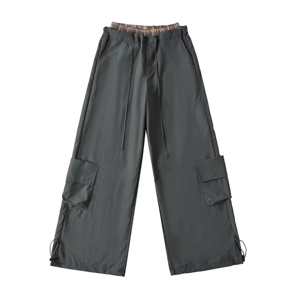 Ndbuld Womens Cargo Pants with Pockets Fall Vintage Plaid Patchwork Casual Fake Two Wide-leg Overalls and Pants M,Dark Gray