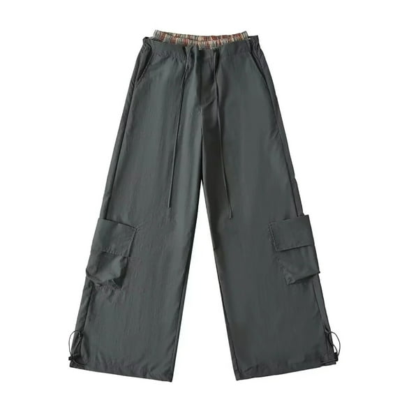 Ndbuld Womens Cargo Pants with Pockets Fall Vintage Plaid Patchwork Casual Fake Two Wide-leg Overalls and Pants M,Dark Gray