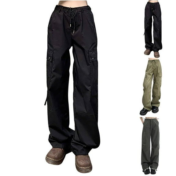 Ndbuld Womens Cargo Pants with Pockets Flap High Waisted Work Pants Multi-Pockets Versatile Straight Leg Pants Trousers ,M,Black