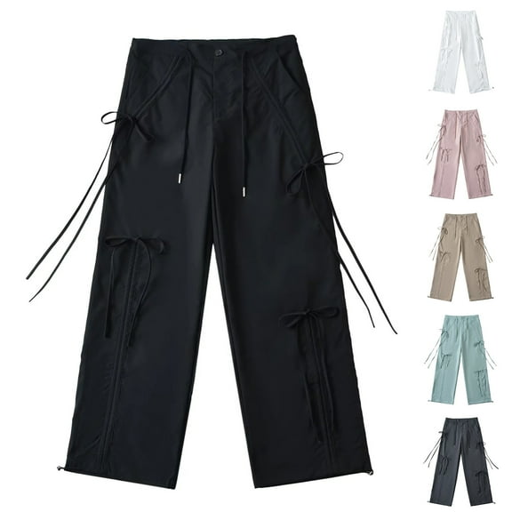 Ndbuld Womens Cargo Pants with Pockets High-Waist Lace-Up Drawstring Straight Leg Cargo Belt Pocket Pants L,Black
