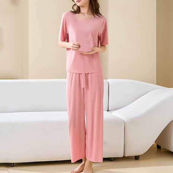 Ndbuld Womens Cotton Pajama Sets Short Sleeve Top With Capri Pants 2 piece sets for Women Summer Pajamas Lounge Set Pink L