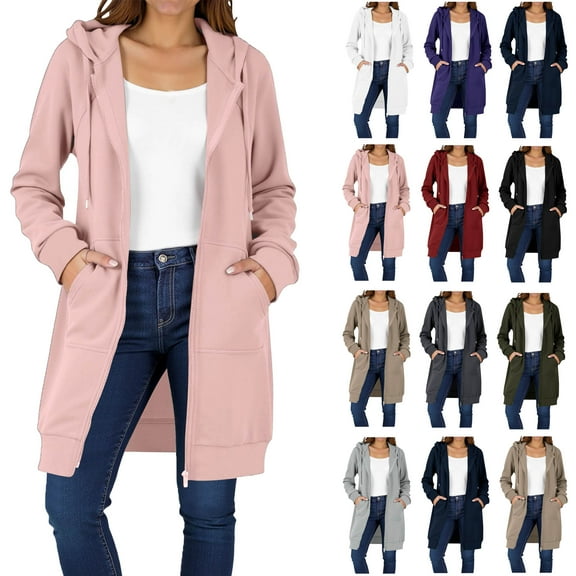 Ndbuld Womens Hoodies 2025 Zip Up Sweatshirts Oversized Fashion Long Hooded Fall Winter Fleece Jackets with Pockets Pink L