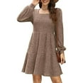 thumbnail image 1 of Ndbuld Womens Long Sleeve Fall Dresses Women's Casual Solid Color Lantern Sleeve Pocket Knitted Striped Dress,Khaki,2XL, 1 of 7