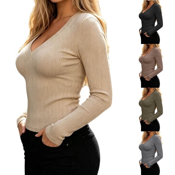 Ndbuld Womens Long Sleeve T Shirts Ladies' Fashionable Thread Knitted V-neck Solid Color Slim Long Sleeved Sweater Top,Coffee,M