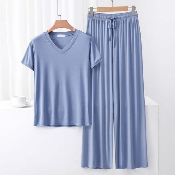 Ndbuld Womens Pajama Sets 2 Piece Women's V-Neck Loose Solid Color T-shirt Lace Up Wide Leg Pants Home Wear Two-piece Pajama Sets Great Gifts for Less Light Blue L