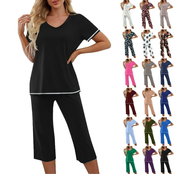 Ndbuld Womens Pajama Sets Pajamas for Women Set Short Sleeve Sleepwear Top and Pants Pjs Soft Printed Lounge Sets with Pockets on Clearance M