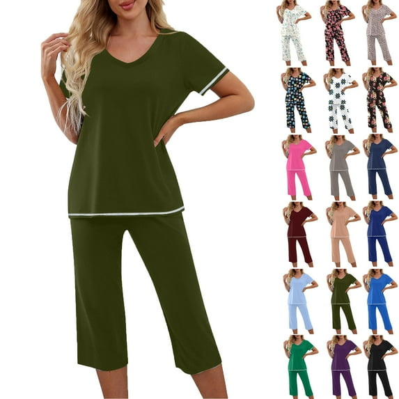 Ndbuld Womens Pajama Sets Pajamas for Women Set Short Sleeve Sleepwear Top and Pants Pjs Soft Printed Lounge Sets with Pockets on Clearance S
