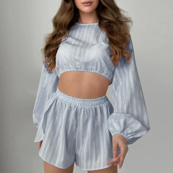 Ndbuld Womens Pajamas Set Drawstring 2 Piece Lounge Set Ruffle Long Sleeve Pjs Soft Wide Leg Sleepwear Pockets Blue M