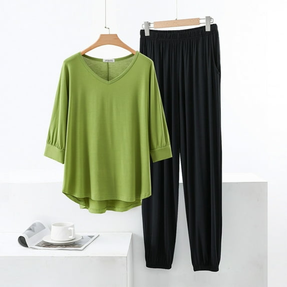 Ndbuld Womens Pajamas Set Long Sleeve Sleepwear Button Down Nightwear Soft Cotton Pj Lounge Sets Green XL