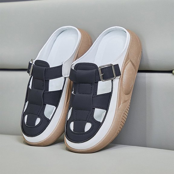 Ndbuld Womens Shoes Womens Slides Sandals Soft Thick Sole Non-Slip Pillow Sandals Outdoor Fashion Leisure Slope Heel Thick Bottom Baotou Half Slippers Black