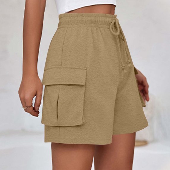 Ndbuld Womens Short Shorts for Women Women's Fashion Solid Color Elastic Waist Drawstring Pocket Shorts Khaki XL