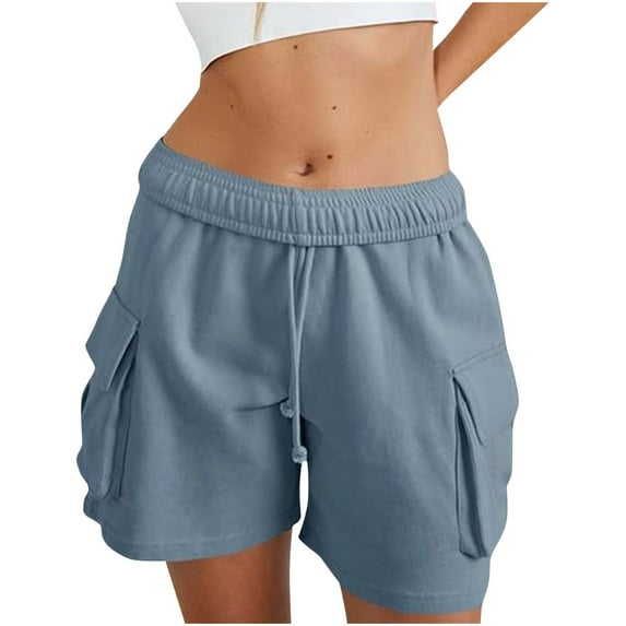 Ndbuld Womens Short Shorts for Women Women's Fashion Solid Color Elastic Waist Drawstring Pocket Shorts Clearance Under $5 Blue M