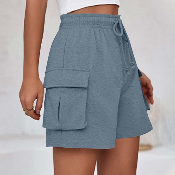 Ndbuld Womens Short Shorts for Women Women's Fashion Solid Color Elastic Waist Drawstring Pocket Shorts Sales Today Clearance Blue L