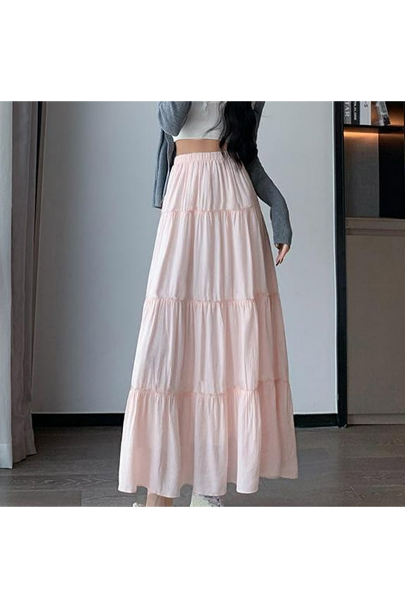 Womens Skirt Boho Elastic High Waist Ankle High Waisted A-Line Long Maxi Skirt Women's High Waisted A-line Elastic Solid Color Cake Skirt on Clearance,Pink,M