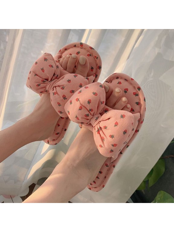 Womens Slides Sandals Soft Thick Sole Non-Slip Pillow Sandals Cute Strawberry Bow Slippers Linen Slippers Indoor Home Flat Bottom Available Fabric Floor Slippers Floor Mute Slippers Pink