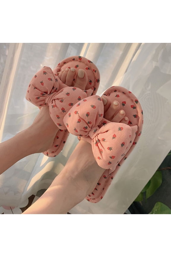 Womens Slides Sandals Soft Thick Sole Non-Slip Pillow Sandals Cute Strawberry Bow Slippers Linen Slippers Indoor Home Flat Bottom Available Fabric Floor Slippers Floor Mute Slippers Pink