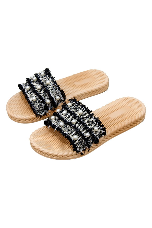 Womens Slip On Flip Flops Ring Toe Strappy Summer Gladiator Flat Sandals Faux Straw Travel Linen Slippers Summer Outer Beach Flat Heel Cool Slippers Black