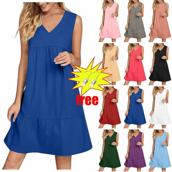 Ndbuld Womens Summer Dresses 2025 V-Neck Sleeveless Side Pockets Dress Sundress Solid Loose Short Flowy Mini Dress(Gift Included),Blue ,Size S