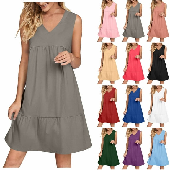Ndbuld Womens Summer Dresses 2025 V-Neck Sleeveless Side Pockets Dress Sundress Solid Loose Short Flowy Mini Dress(Gift Included),Gray ,Size S