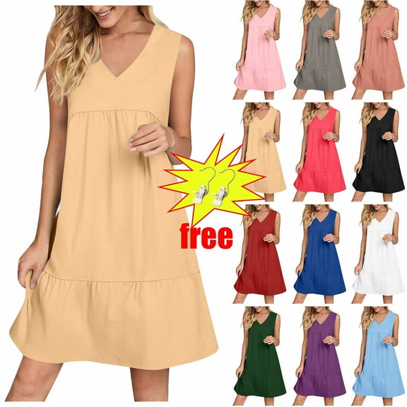 Ndbuld Womens Summer Dresses 2025 V-Neck Sleeveless Side Pockets Dress Sundress Solid Loose Short Flowy Mini Dress(Gift Included),Khaki ,Size XL