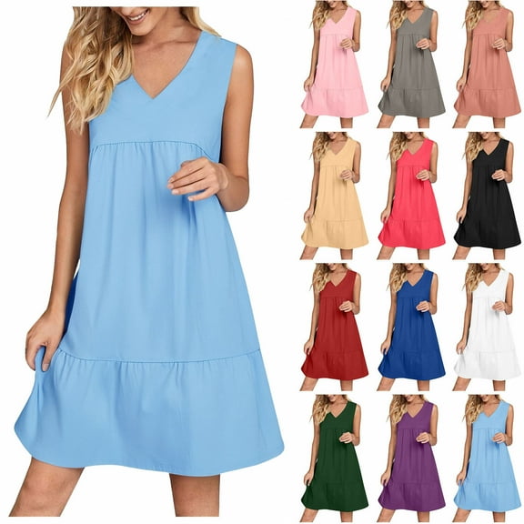 Ndbuld Womens Summer Dresses 2025 V-Neck Sleeveless Side Pockets Dress Sundress Solid Loose Short Flowy Mini Dress(Gift Included),Light Blue ,Size S