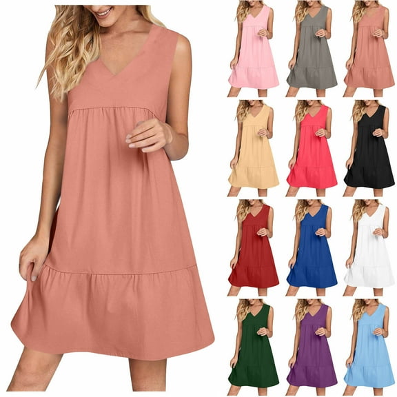 Ndbuld Womens Summer Dresses 2025 V-Neck Sleeveless Side Pockets Dress Sundress Solid Loose Short Flowy Mini Dress(Gift Included),Orange ,Size M