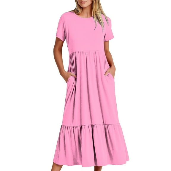 Ndbuld Womens Summer Dresses Women's Summer Casual Short Sleeve Crewneck Dress Casual Flowy Tiered Maxi Beach Dress with Pockets Hot Pink XL