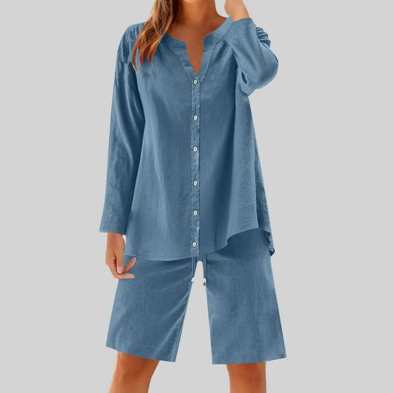 Ndbuld Womens Summer Tops 2025 Fashion Cotton Linen Short Sleeve Shirts V Neck Casual Loose Fit Button Tunic Blouses Outfits Clearance Sales Online Deals Blue 2XL