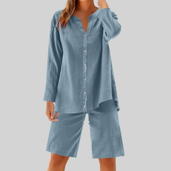 Ndbuld Womens Summer Tops 2025 Fashion Cotton Linen Short Sleeve Shirts V Neck Casual Loose Fit Button Tunic Blouses Outfits Family Gifts Blue 2XL