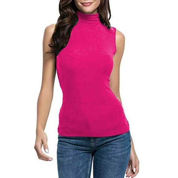 Ndbuld Womens Summer Tops Cap Sleeve Cotton T Shirts Womens Fashion Casual Solid Color Sleeveless Turtleneck Tee Shirt Blouse T-Shirt Top Hot Pink 4XL