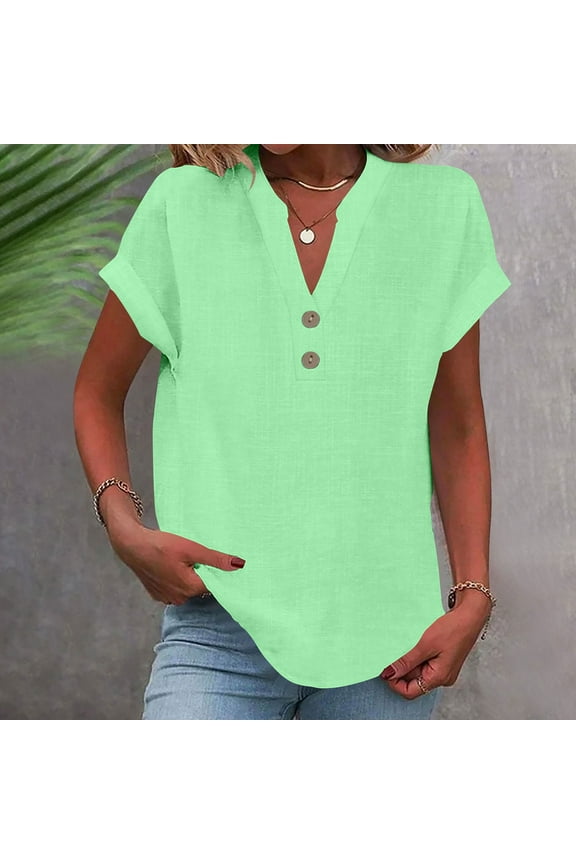 Womens Top Womens Trendy Tops Women's Fashion Solid Button Shirt Female V-Neck Loose T-shirt Blouse Deal of The Week ,Size S-5XL,Mint Green,S